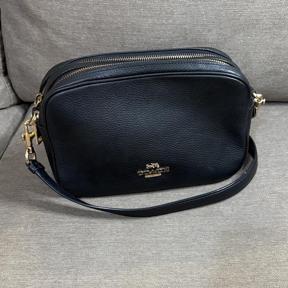 Coach Black Pebbled Leather Dual-Zip Crossbody with Gold Hardware